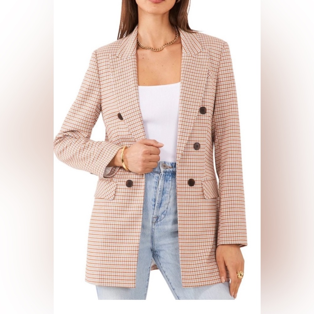 1. STATE Blazer Jacket Women Size 6 Long Double Breasted Plaid Preppy Academia